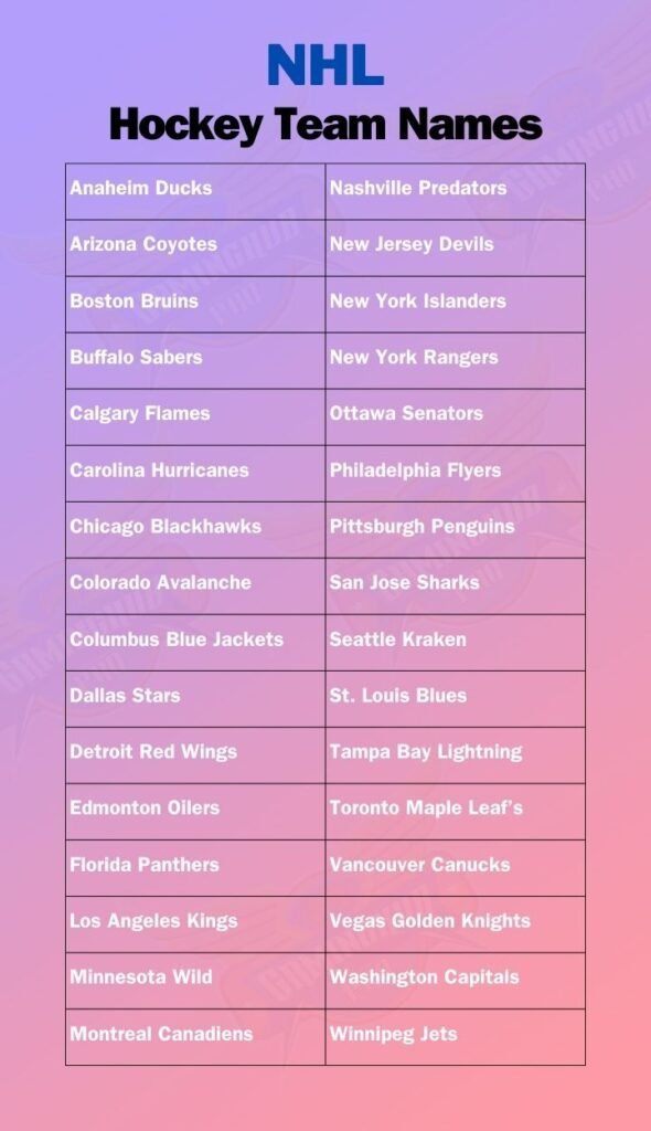 Name of NHL Hockey Team Names